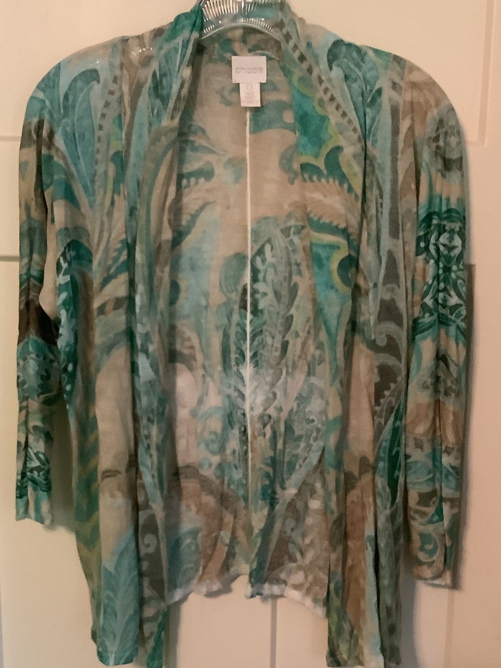 Chico's Teal and Taupe Paisley Sheer Open Cardigan